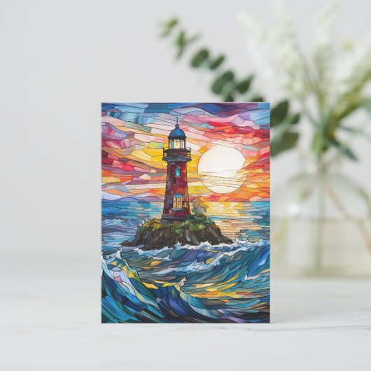 Carte Postale Art du phare côtier en verre de trait (Debout devant)