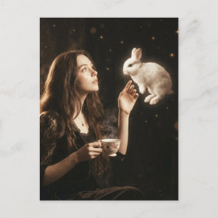 Carte Postale Art Fantastique Surrealiste Thé Avec Lapin Blanc