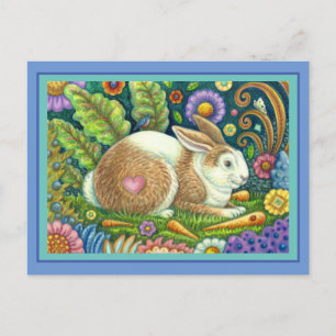 CARTE POSTALE ART FOLK RABBIT & BLUEBIRD DANS LE JARDIN SECRET