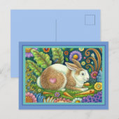CARTE POSTALE ART FOLK RABBIT & BLUEBIRD DANS LE JARDIN SECRET (Devant / Derrière)