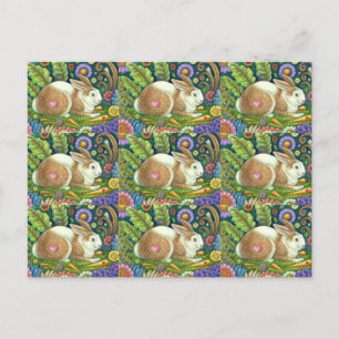 CARTE POSTALE ART FOLK RABBIT & BLUEBIRD DANS LE JARDIN SECRET