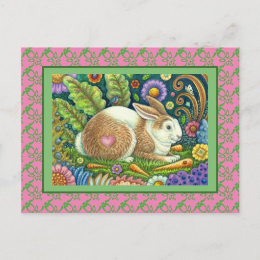 CARTE POSTALE ART FOLK RABBIT & BLUEBIRD DANS LE JARDIN SECRET (Devant)