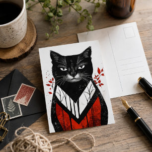 Carte Postale Art gothique chat noir rouge noir moderne félin
