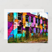 Carte Postale Art graffiti rose et violet | Bâtiment abandonné (Devant / Derrière)