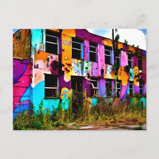 Carte Postale Art graffiti rose et violet | Bâtiment abandonné (Devant)