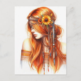 Carte Postale Art IA de fille Boho Mode Bohème