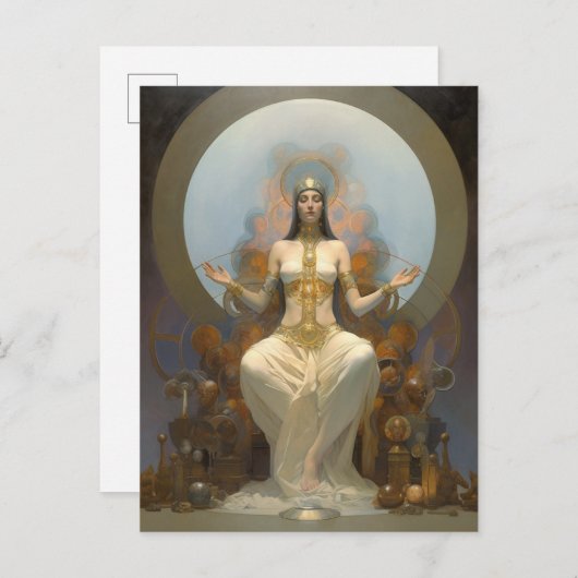 Carte Postale Art Imaginaire Méditant la reine sur le trône (Devant / Derrière)