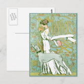 Carte Postale Art Nouveau Greyhound et dame à la fleur (Devant / Derrière)