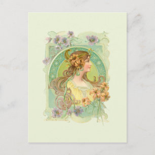 Carte Postale Art Nouveau Jeune Fille avec étoiles Fleurs