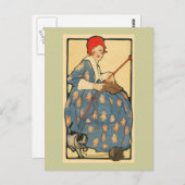 Carte Postale Art Nouveau -tricot de fille avec son chat (Devant / Derrière)