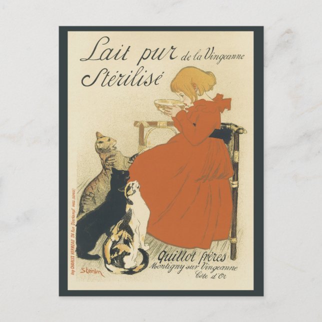 Carte Postale Art Nouveau victorien vintage, Fille avec chats au (Devant)