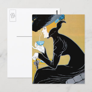 Carte Postale Art Nouveau vintage, Dame buvant du thé Marco Polo