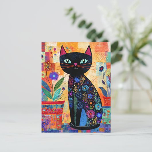 Carte Postale Art populaire de chat noir (Debout devant)