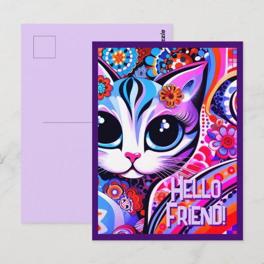 Carte Postale Art populaire mexicain Kitty Cat Abstrait Annivers (Devant / Derrière)