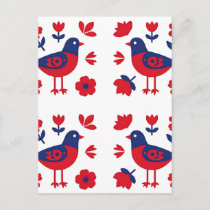 Carte Postale Art populaire motif floral oiseau rouge bleu