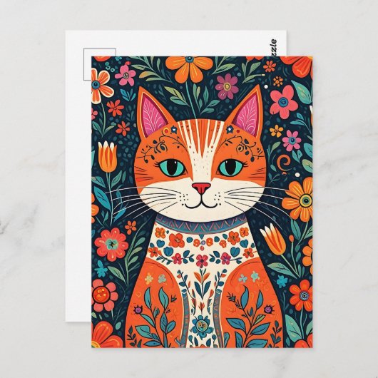 Carte Postale Art populaire Whimsical Chat et Fleurs (Devant / Derrière)