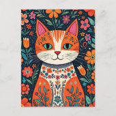Carte Postale Art populaire Whimsical Chat et Fleurs (Devant)