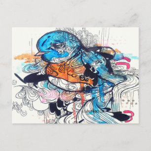 Carte Postale Art surréaliste pop kawaii bleu oiseau art animal
