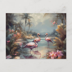 Carte Postale Art vintage de flamant rose du lagon tropical de F