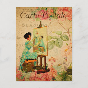 Carte Postale Artiste vintage assise à Easel French