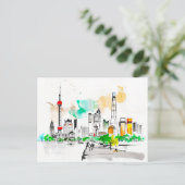Carte Postale artwork d'encre complexe Shanghai Skyline au Bund (Debout devant)
