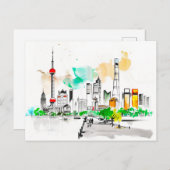 Carte Postale artwork d'encre complexe Shanghai Skyline au Bund (Devant / Derrière)