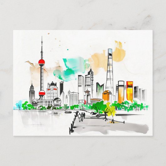 Carte Postale artwork d'encre complexe Shanghai Skyline au Bund (Devant)