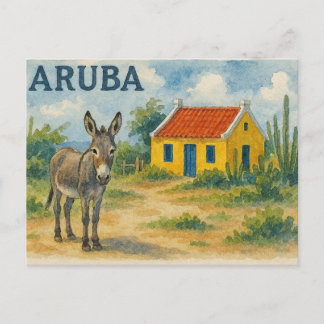 Carte Postale Aruba Yellow Cunucu house with donkey watercolor