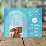 Carte Postale Astrologie du Zodiaque Aquarius Signet photo Date<br><div class="desc">Personnalisez cette carte zodiaque avec une photo, la date de naissance et le nom. Un design d'anniversaire personnalisé avec le signe zodiaque - Aquarius - plus traits de personnalité, information et constellation. Une couleur bleu apaisante et paisible associée à Aquarius est le design principal derrière tous les détails du Zodiac....</div>