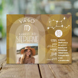 Carte Postale Astrologie Virgo Zodiac Signet photo Date de naiss<br><div class="desc">Personnalisez cette carte zodiaque avec une photo, la date de naissance et le nom. Un design d'anniversaire personnalisé avec le signe zodiaque - Virgo - plus traits de personnalité, information et constellation. Une couleur brune chaleureuse associée à Virgo est le design principal derrière tous les détails du Zodiac. Un grand...</div>