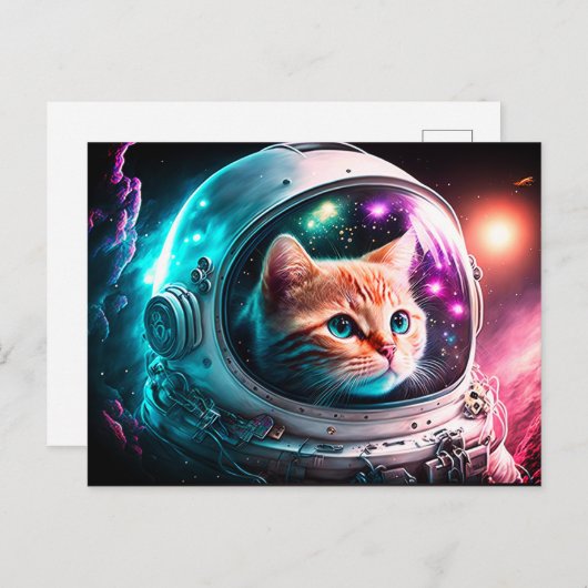 Carte Postale Astronaut de chat spatial drôle Kitty Galaxy Unive (Devant / Derrière)