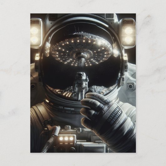 Carte Postale Astronaute avec réflexion d'OVNI (Devant)