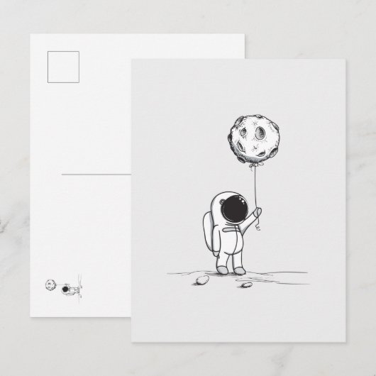 Carte Postale Astronaute dans l'espace avec ballon de lune cosmo (Devant / Derrière)