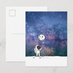 Carte Postale Astronaute dans l'espace avec ballon lunaire cosmo