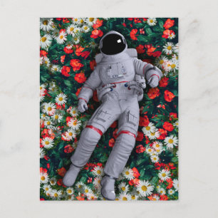 Carte Postale Astronaute en fleurs rouges et blanches