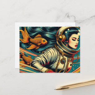 Carte Postale astronaute femme et poisson doré rétro unique