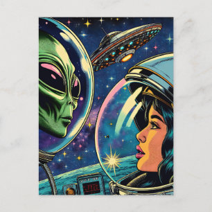Carte Postale Astronaute femme rencontre un extraterrestre alien