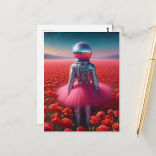Carte Postale Astronaute surréaliste avec une tête de boule à fa