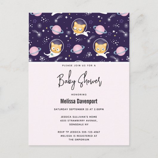 Carte Postale Astronautes de Kitty Chat Mignon Motif Baby Shower (Devant)