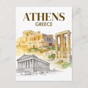 Carte Postale Athènes Grèce Acropole Croquis Aquarelle Voyage