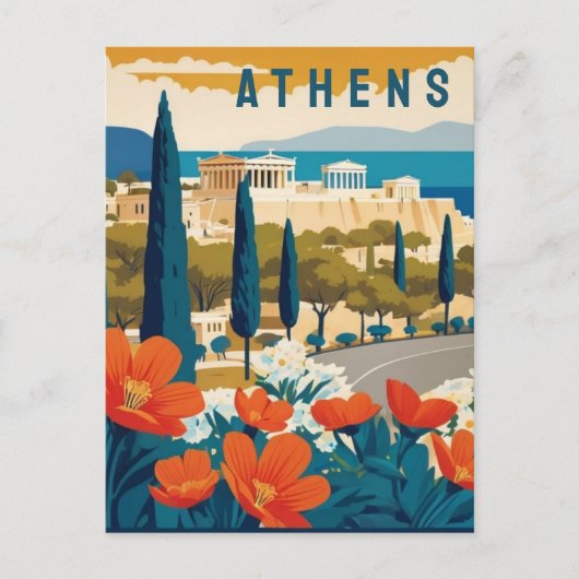 Carte Postale Athènes Grèce Acropole Printemps Fleurs Art de Voy (Devant)