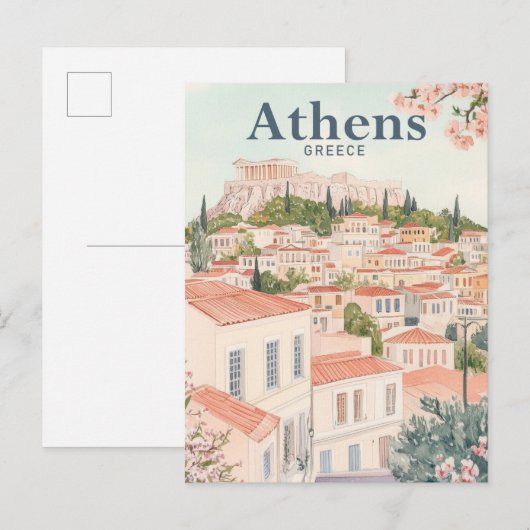 Carte Postale Athènes Grèce Aquarelle Peinture Voyage (Devant / Derrière)