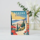 Carte Postale Athènes Grèce Travel Art avec Fleurs rouges (Debout devant)