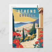 Carte Postale Athènes Grèce Travel Art avec Fleurs rouges (Devant / Derrière)