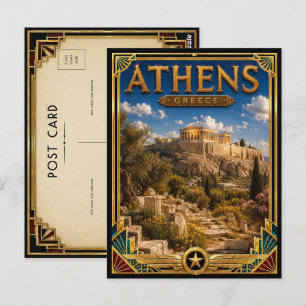 Carte Postale Athènes Grèce Vintage Acropole Art Déco Doré