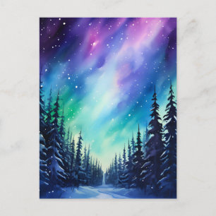 Carte Postale Aurore boréale aquarelle Lumières du Nord