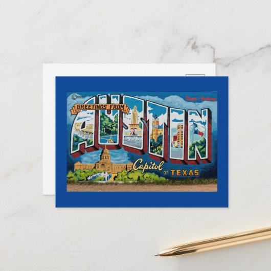Carte Postale Austin, Texas Salutations (Cadre bleu) (Devant/Arrière en situation)