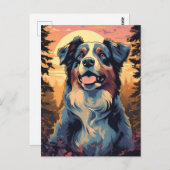 Carte Postale Australian-Shepherd dans la forêt au coucher du so (Devant / Derrière)