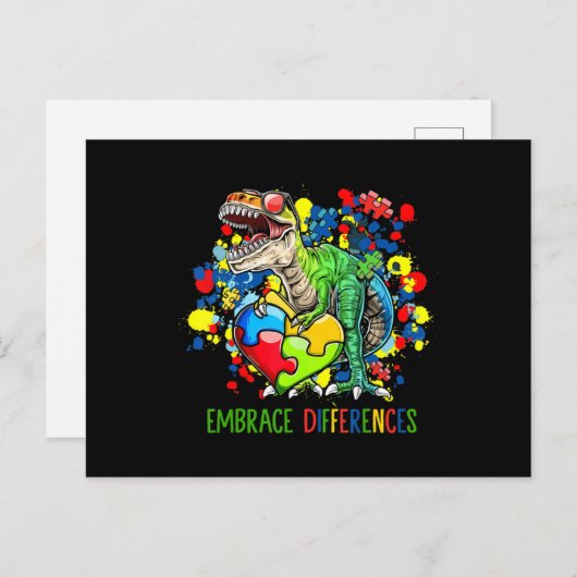 Carte Postale Autisme Accepter les Différences Dinosaure T-Rex E (Devant / Derrière)