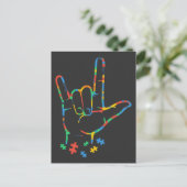 Carte Postale Autisme Puzzle Coloré Langue des Signes ASL (Debout devant)